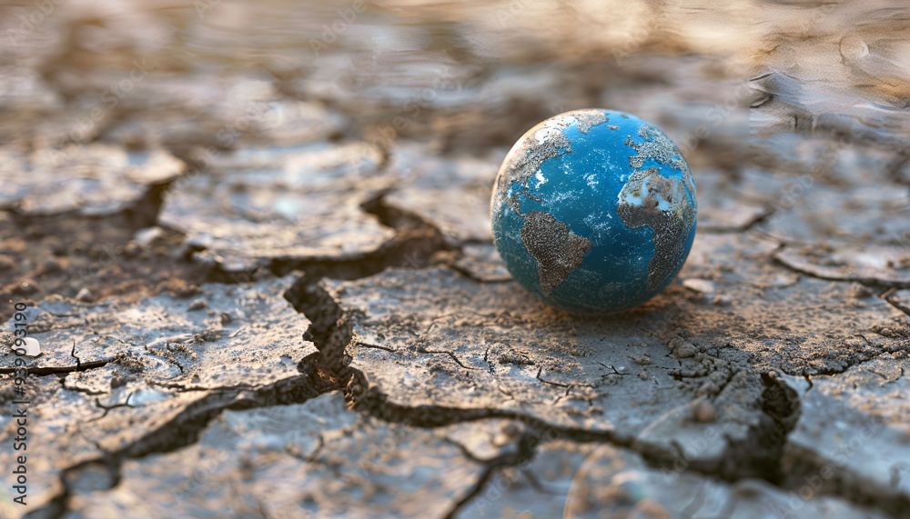 Water crisis and Climate change concept with earth planet on dry soil and water Water crisis and Climate change concept with earth planet on dry soil and water