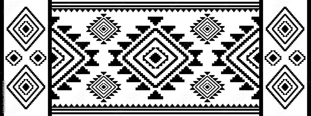 Ancient echoes Aztec geometric seamless patterns southwest Navajo Native American tribal ethnic black and white for textile printing Ancient echoes Aztec geometric seamless patterns southwest Navajo Native American tribal ethnic black and white for textile printing