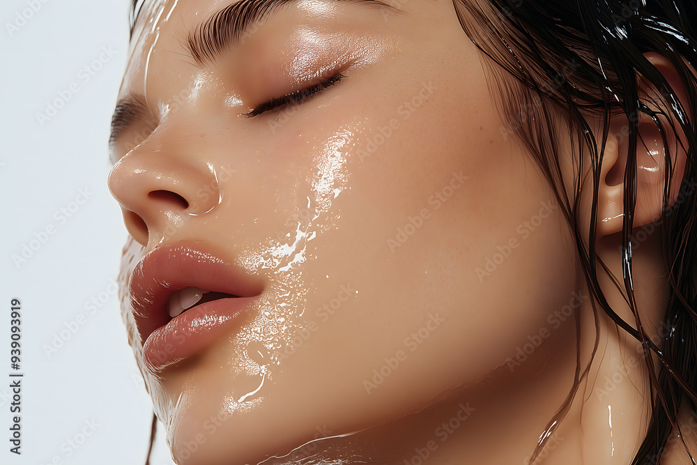 High-Resolution Realistic Portrait of a Beautiful Woman with Wet Hair, White Background, and Water Droplets on Her Face, Capturing Natural Makeup and Detailed Skin Texture High-Resolution Realistic Portrait of a Beautiful Woman with Wet Hair, White Background, and Water Droplets on Her Face, Capturing Natural Makeup and Detailed Skin Texture