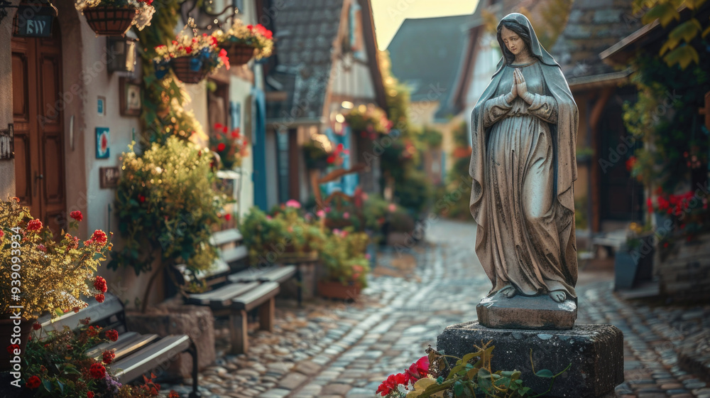 Serene Village Street with Religious Statue and Colorful Flowers at Sunset Serene Village Street with Religious Statue and Colorful Flowers at Sunset