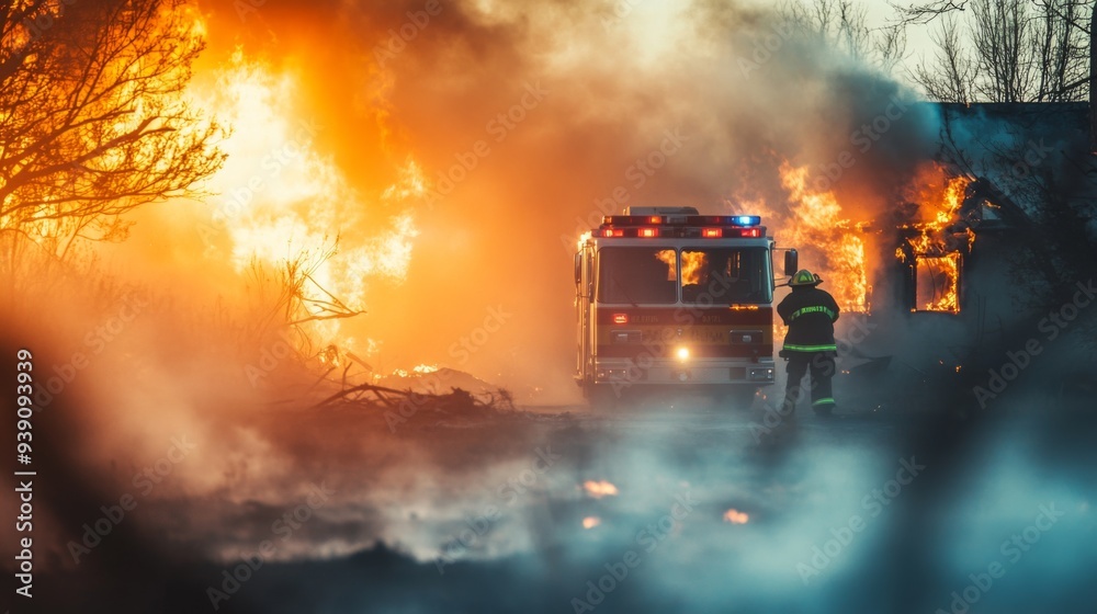 Close-up of smoke from a small building fire with intense flames and emergency responders working nearby Close-up of smoke from a small building fire with intense flames and emergency responders working nearby