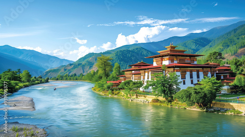 Traditional Bhutanese Monastery by a Serene River with Mountainous Backdrop on a Clear Day