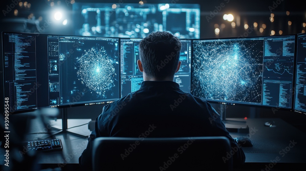 Person working at multiple computer monitors with complex data and network visualization, showcasing technology and cybersecurity. Person working at multiple computer monitors with complex data and network visualization, showcasing technology and cybersecurity.