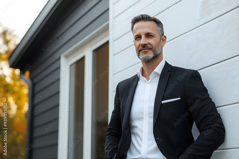 Professional Man in a Suit Standing Proudly Outside a New House, Photography on White Background with Copy Space for Real Estate Use Professional Man in a Suit Standing Proudly Outside a New House, Photography on White Background with Copy Space for Real Estate Use
