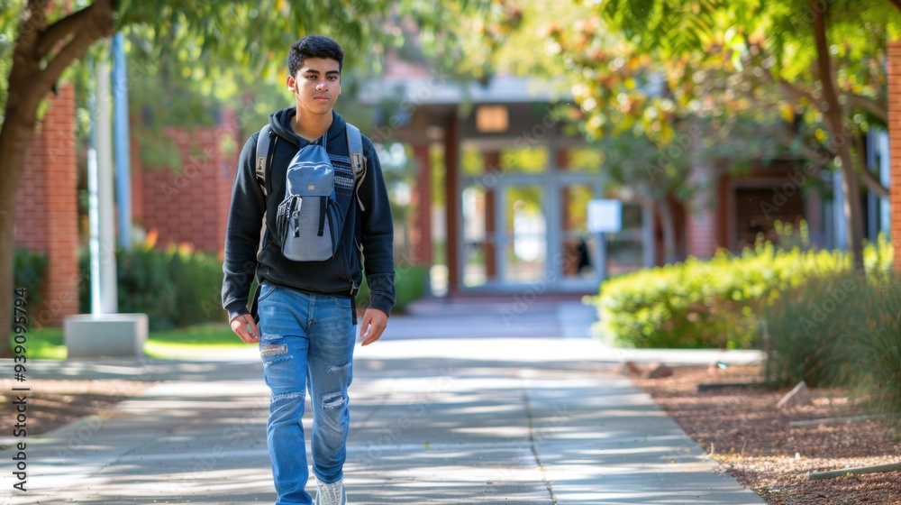 A Latino college student walking to class on campus A Latino college student walking to class on campus