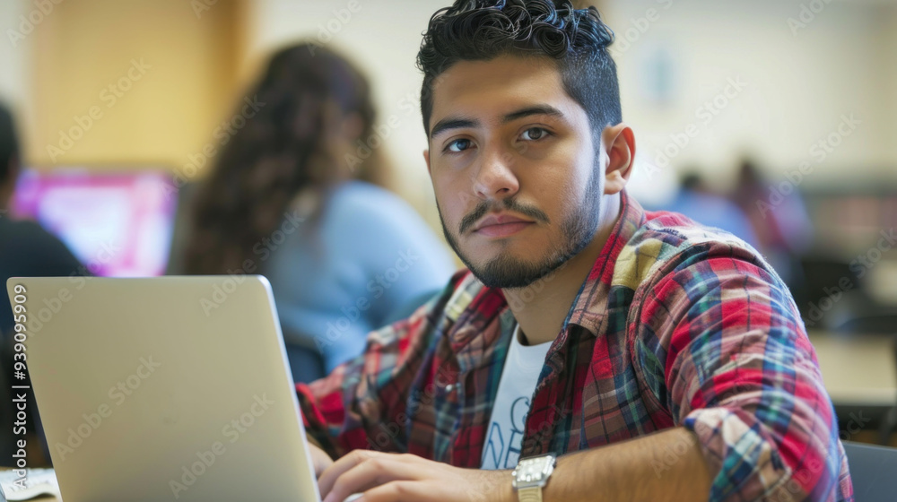 A Hispanic college student working on a laptop in a classroom A Hispanic college student working on a laptop in a classroom