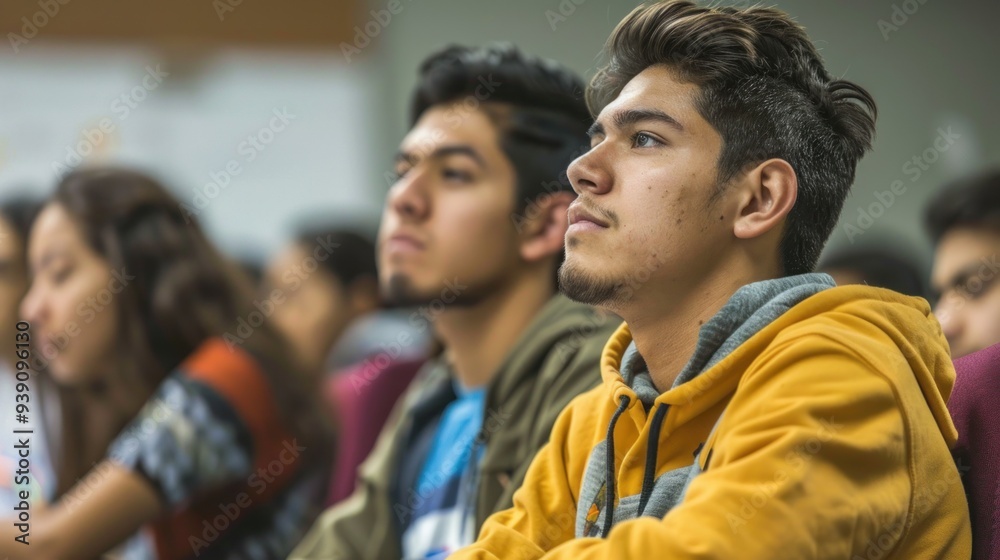 A Hispanic college student participating in a lecture A Hispanic college student participating in a lecture