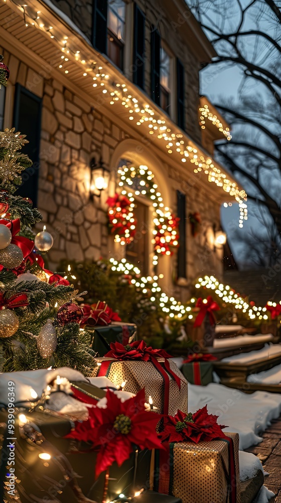 Fototapeta premium Outdoor Christmas Decor featuring Tree Gifts and Festive Illumination