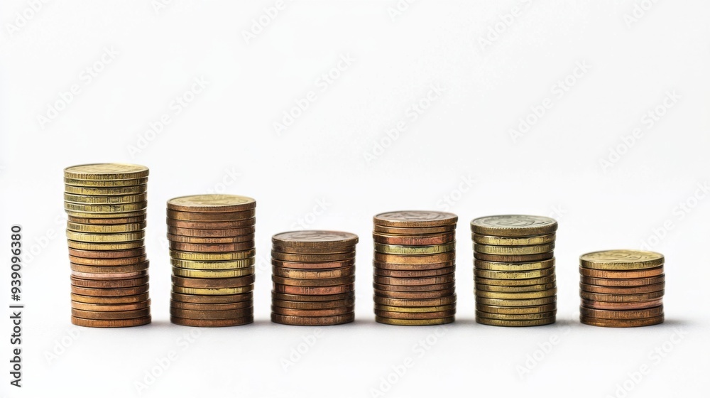 Creative bar chart with bars made of stacked coins, representing financial growth, white background Creative bar chart with bars made of stacked coins, representing financial growth, white background