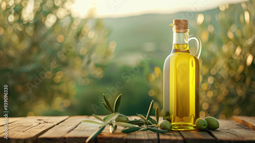 Olive oil bottle ad background with copyspace, vegetable oil commercial produce, food industry and retail concept photo