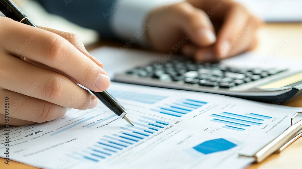 A bookkeeper or financial inspectors hands are shown calculating or checking the balance while making a report The focus is on home finances investments economics saving money or A bookkeeper or financial inspectors hands are shown calculating or checking the balance while making a report The focus is on home finances investments economics saving money or