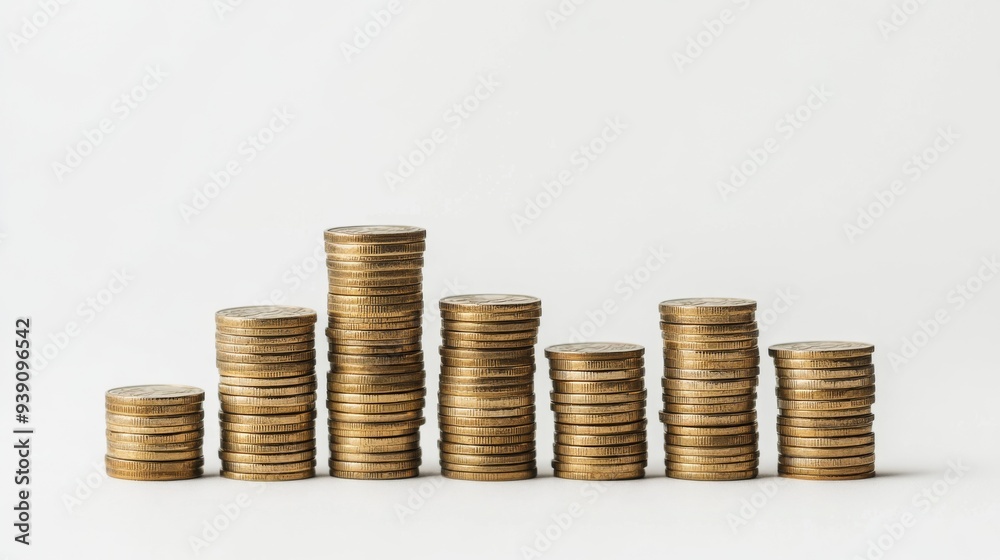 Creative bar chart with bars made of stacked coins, representing financial growth, white background Creative bar chart with bars made of stacked coins, representing financial growth, white background