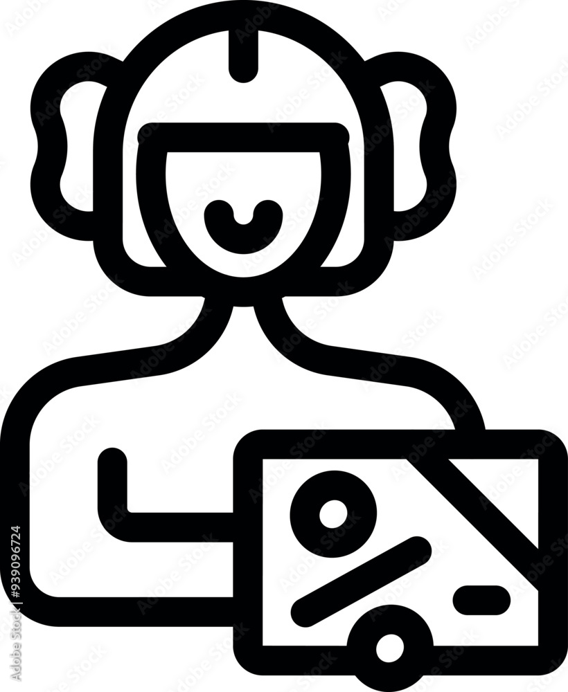 Line icon of a delivery man holding a box with a discount symbol, representing online shopping and delivery services Line icon of a delivery man holding a box with a discount symbol, representing online shopping and delivery services