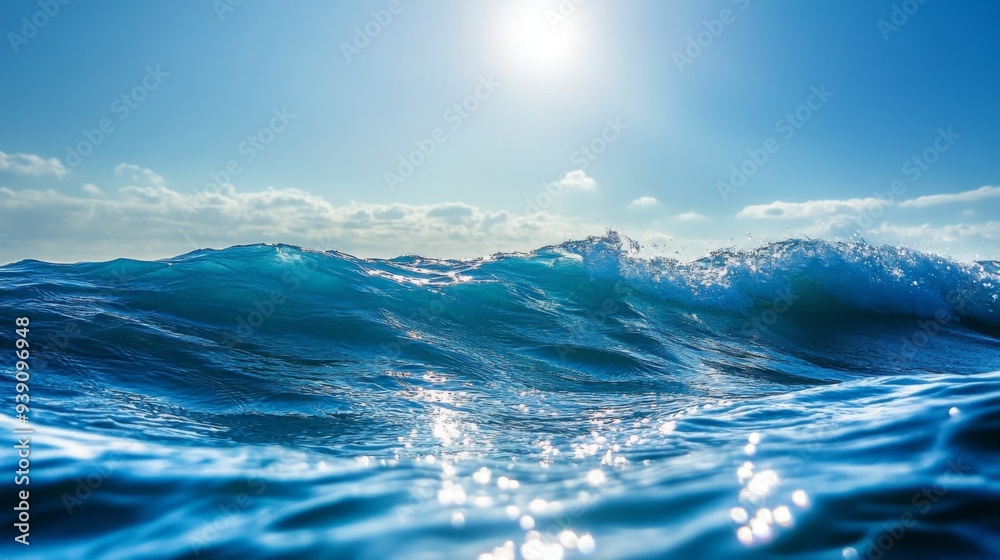 Deep blue ocean waves under a clear sky, sunlight reflecting on the water surface Deep blue ocean waves under a clear sky, sunlight reflecting on the water surface