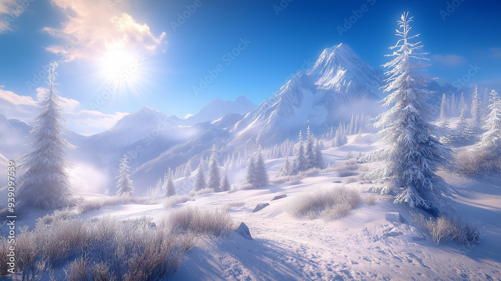 Naklejka premium Przepiękny zimowy pejzaż z białymi górami, pokrytymi szronem drzewami i jasnym słońcem na błękitnym niebie.