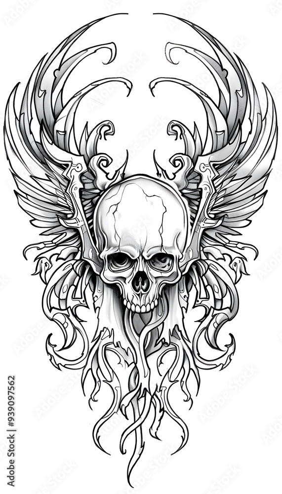 Obraz premium Tribal Skull and Wings Tattoo black and white illustration
