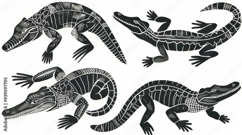 Crocodile linocut black silhouette line style. Hand drawn sketch of stylized for print. Ai generative Crocodile linocut black silhouette line style. Hand drawn sketch of stylized for print. Ai generative