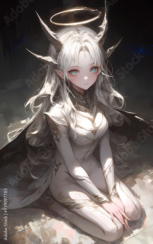 Anime Style White-Haired Demon Girl with Horns and Halo, Detailed Character Design in Mystical and Ethereal Setting, Fantasy Anime Artwork photo