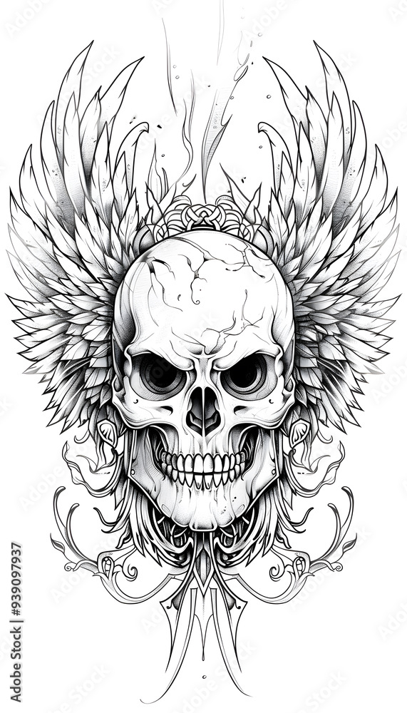 Obraz premium Tribal Skull and Wings Tattoo black and white illustration