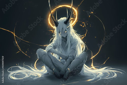 Anime Style White-Haired Demon Girl with Horns and Halo, Detailed Character Design in Mystical and Ethereal Setting, Fantasy Anime Artwork photo