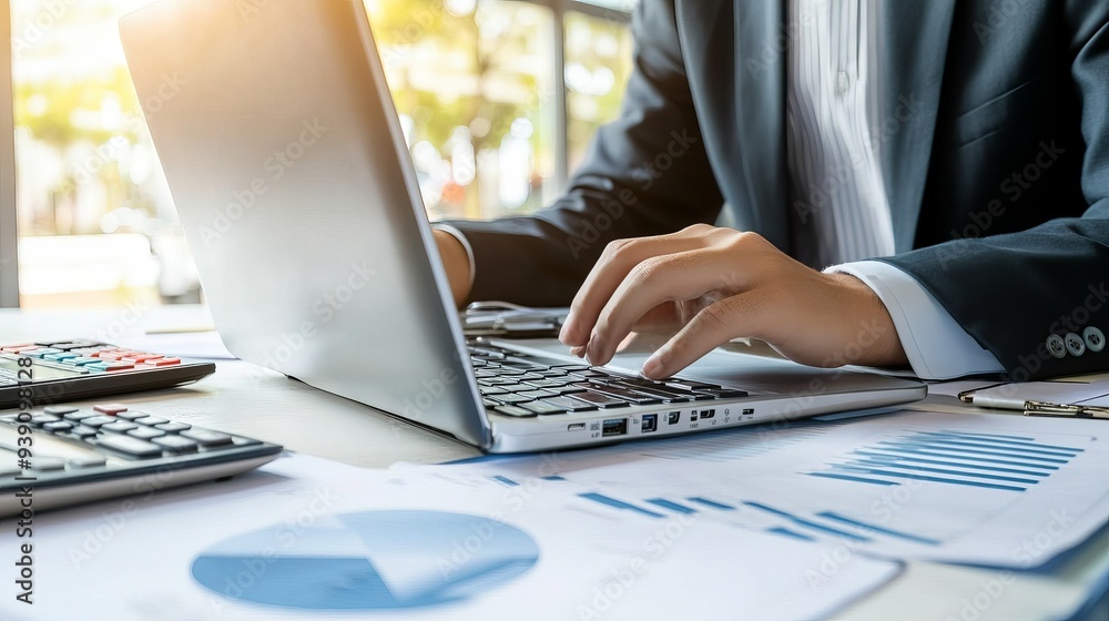 A businessman or accountant working on a laptop with business documents graph diagrams and a calculator on an office table A businessman or accountant working on a laptop with business documents graph diagrams and a calculator on an office table