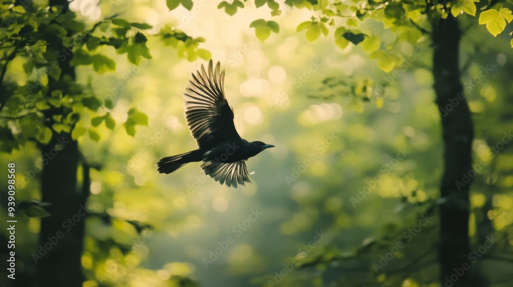 Obraz premium Detailed shot of a bird flying through a forest, with trees and leaves creating a natural backdrop