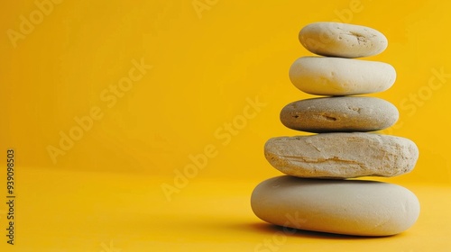 Pile of stones perfectly balanced on a peaceful yellow background photo