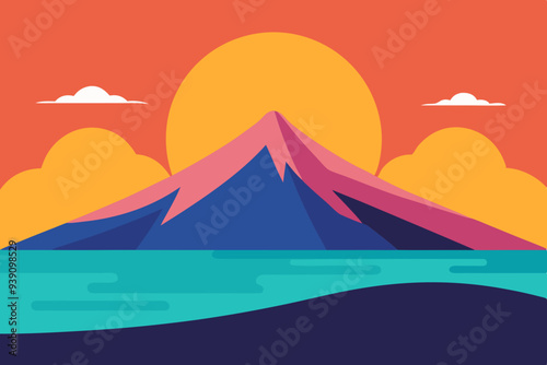 Serene mountain and beach sunset on white background silhouette vector illustration