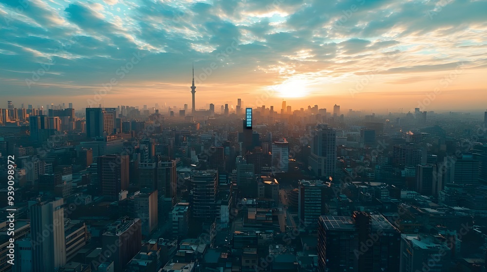 Fototapeta premium High-angle drone shot of a bustling cityscape. Ideal for urban-themed marketing or city guides.