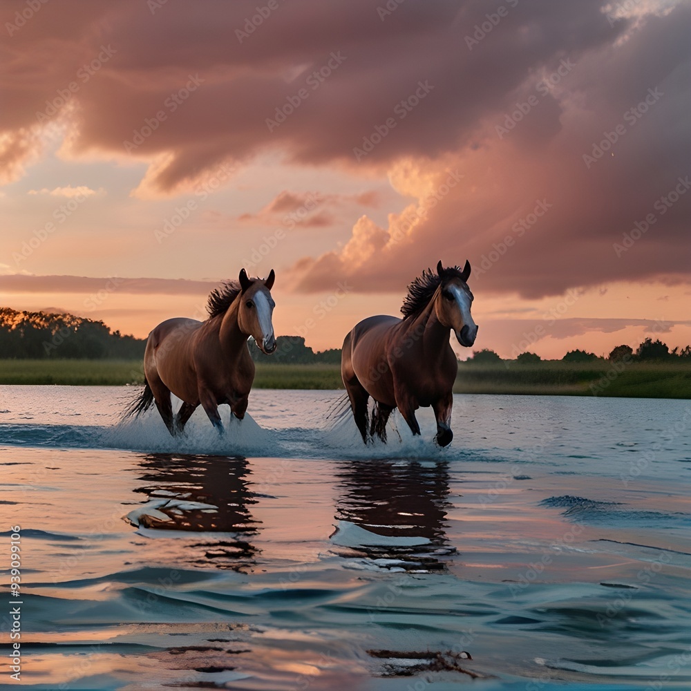 Majestic chestnut horse galloping freely on a golden beach at sunset. Majestic chestnut horse galloping freely on a golden beach at sunset.