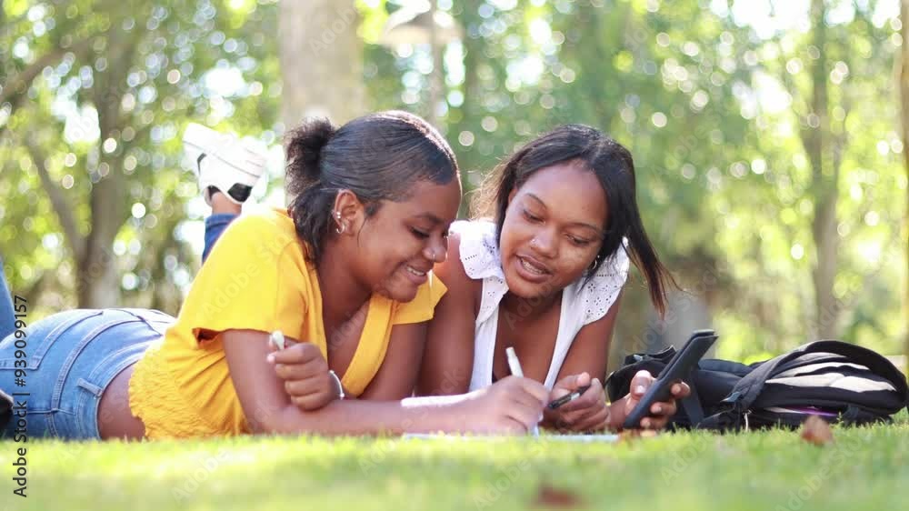 Video of two young Hispanic women students lying on grass, doing homework outdoors together, using a calculator and writing in their notebooks Video of two young Hispanic women students lying on grass, doing homework outdoors together, using a calculator and writing in their notebooks