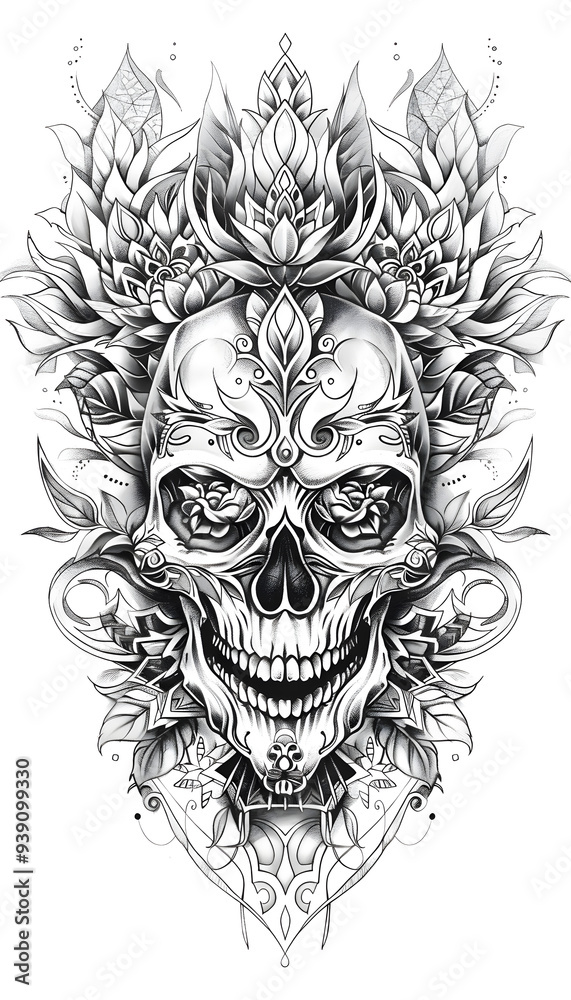 Tribal Sugar Skull Tattoo black and white illustration Tribal Sugar Skull Tattoo black and white illustration