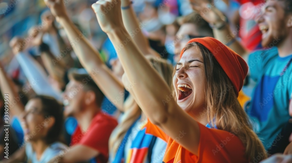 Close-up of excited fans in the foreground, cheering and reacting during a sports championship event at the stadium Close-up of excited fans in the foreground, cheering and reacting during a sports championship event at the stadium