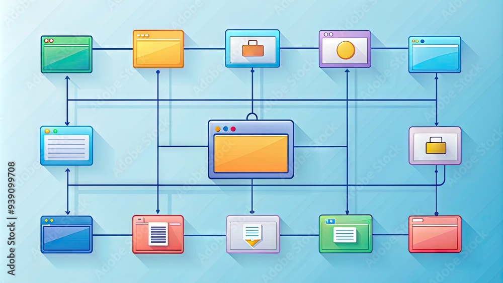 _Illustrated website architecture diagram showcasing interconnected web pages, folders, and icons in a colorful, modern, and minimalist vector design, perfect for digital interface visualization._ _Illustrated website architecture diagram showcasing interconnected web pages, folders, and icons in a colorful, modern, and minimalist vector design, perfect for digital interface visualization._