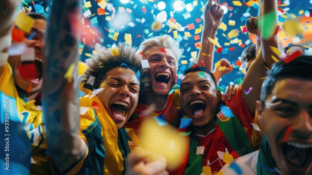 Excited football supporters surrounded by confetti, cheering and celebrating Excited football supporters surrounded by confetti, cheering and celebrating