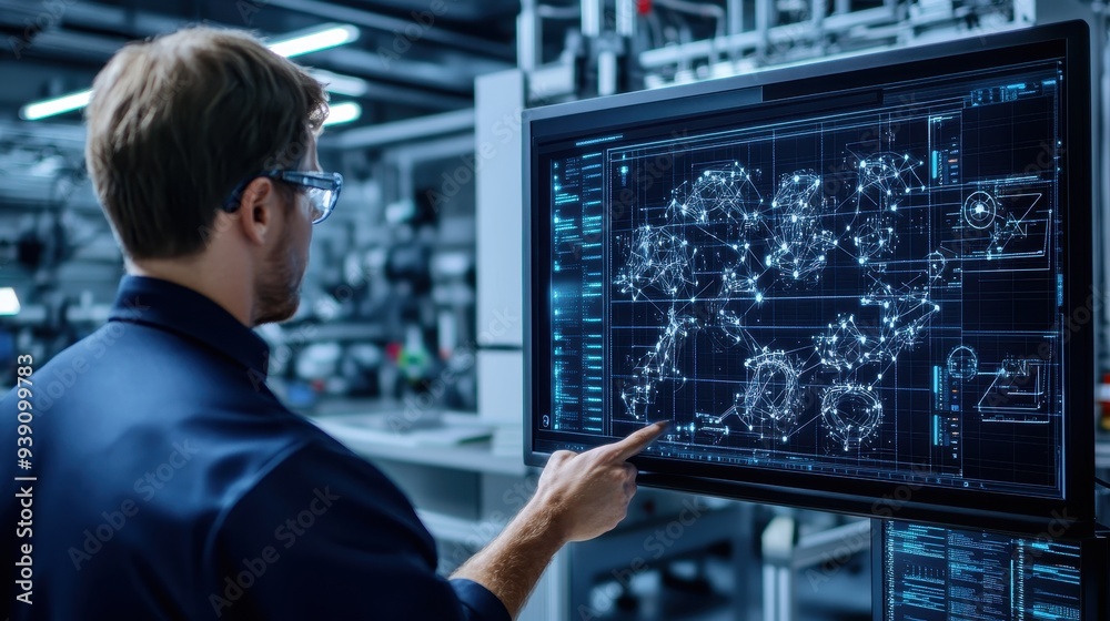 Engineer analyzing data on a large digital screen in a high-tech industrial environment. Data visualization and technology in engineering. Engineer analyzing data on a large digital screen in a high-tech industrial environment. Data visualization and technology in engineering.