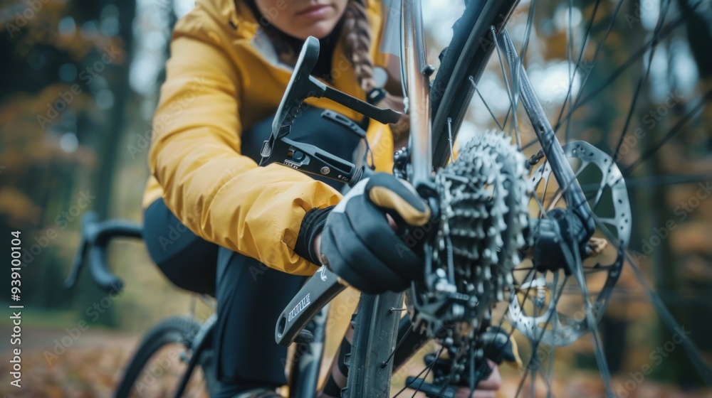 Fototapeta premium Female cyclist focused on fixing the chain of her bike, using tools to reconnect it