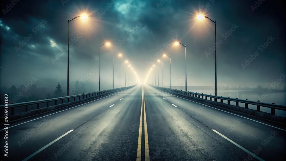 Dark and ominous highway stretches into the distance, lined with faded streetlights, surrounded by dense fog, evoking a sense of isolation and mystery. Dark and ominous highway stretches into the distance, lined with faded streetlights, surrounded by dense fog, evoking a sense of isolation and mystery.