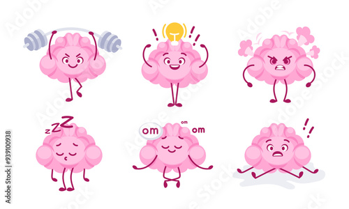 Set of cartoon brains representing mental states such as anger, relaxation, concentration, and sleepiness