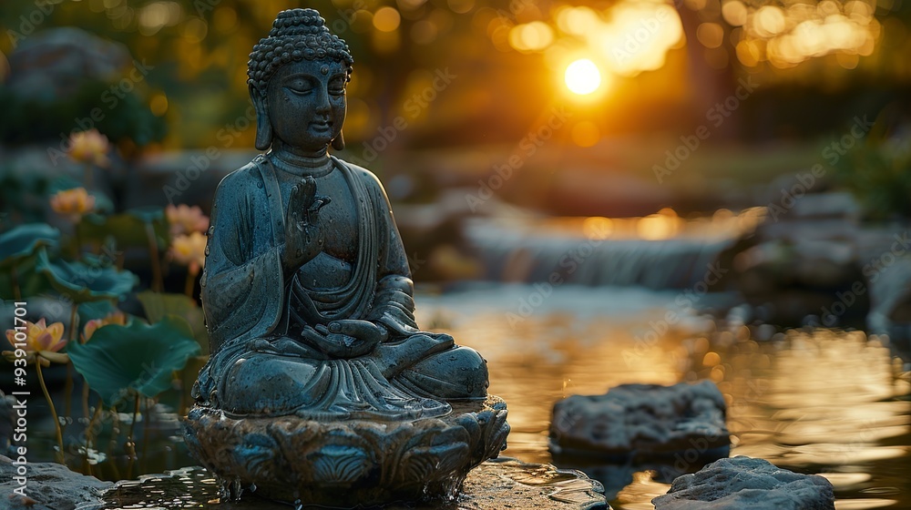 Buddha Statue in a Tranquil Garden at Sunset Buddha Statue in a Tranquil Garden at Sunset