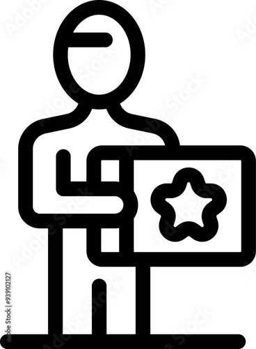 Marketing specialist is holding an advertising sign with a star logo, emphasizing the importance of brand recognition
