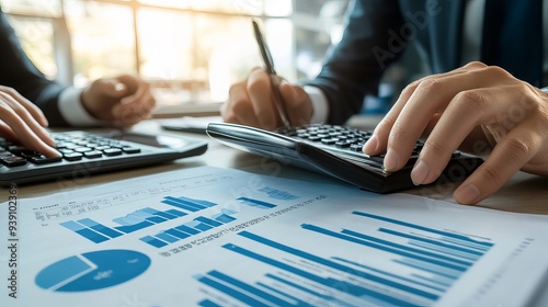 Auditor and accountant team collaborating in an office analyzing financial data and accounting records with a calculator The accounting firm offers financial and tax planning services for