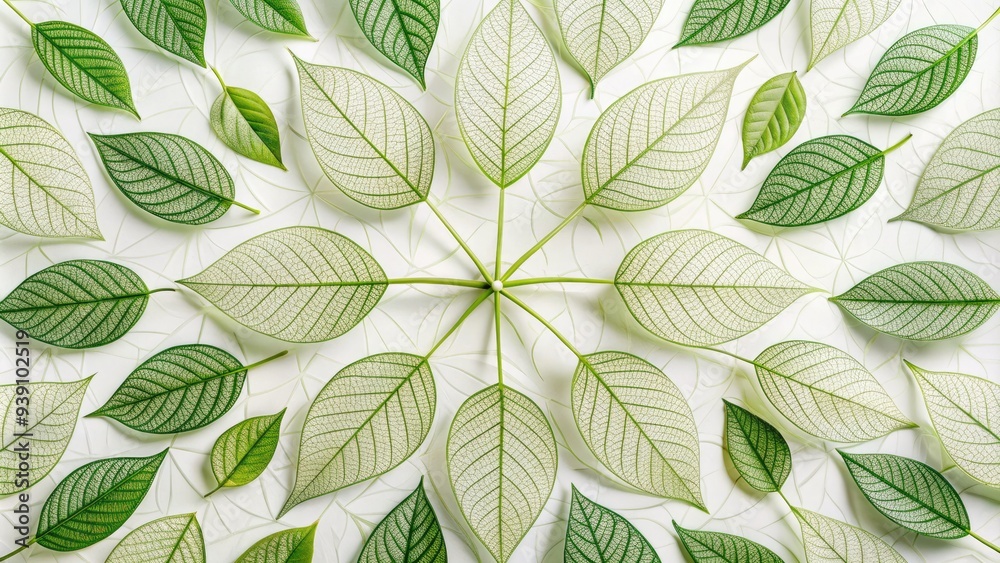 Delicate green leaves overlap to form a mesmerizing geometric pattern, with intricate veins creating a natural, organic design against a soft, creamy white background. Delicate green leaves overlap to form a mesmerizing geometric pattern, with intricate veins creating a natural, organic design against a soft, creamy white background.