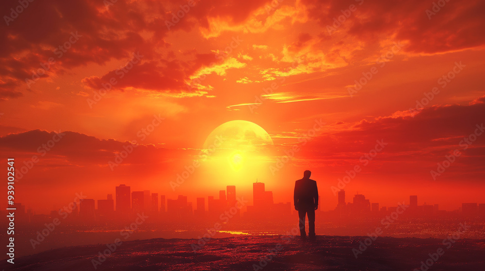 Obraz premium Solitary figure watching a vibrant sunset over an urban skyline.