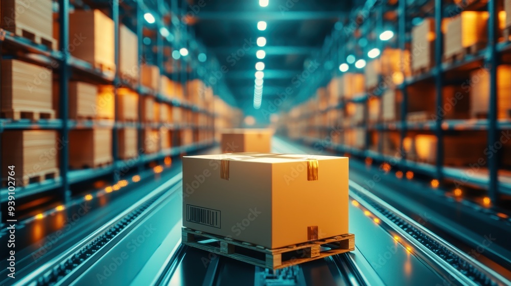 Automated warehouse with packages on conveyor belts. Modern logistics and efficient storage systems in high-tech facility. Automated warehouse with packages on conveyor belts. Modern logistics and efficient storage systems in high-tech facility.