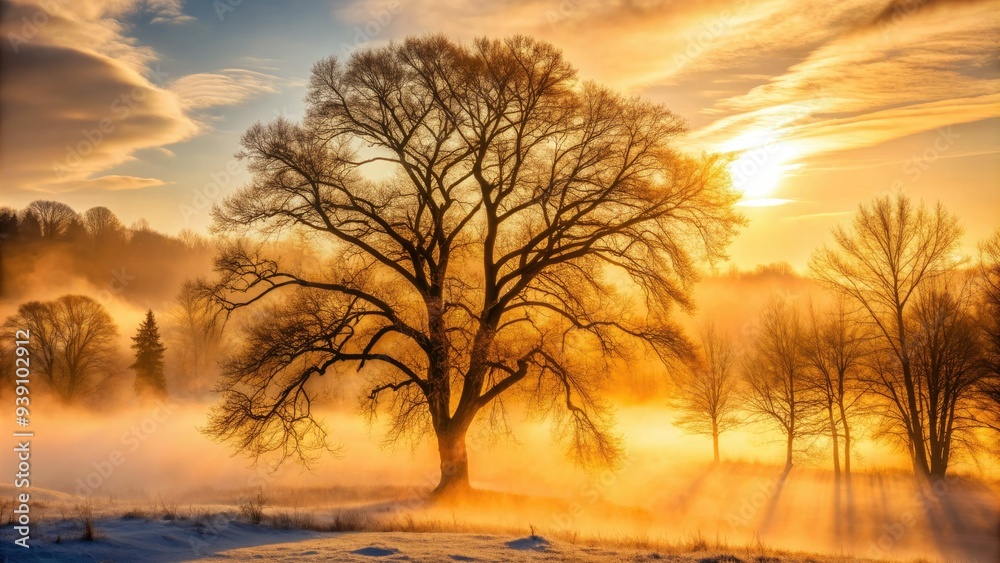 Delicate mist swirls around transparent leafless tree branches, softening the winter landscape with an ethereal veil of mystery and serenity at golden hour. Delicate mist swirls around transparent leafless tree branches, softening the winter landscape with an ethereal veil of mystery and serenity at golden hour.