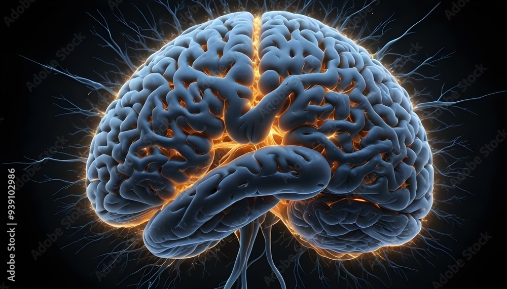A image of a 3d rendered illustration of a electronic metal human brain with neon growing lightning A image of a 3d rendered illustration of a electronic metal human brain with neon growing lightning
