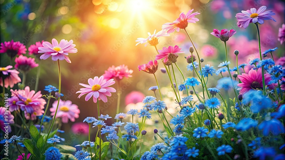 Fototapeta premium Delicate pink and blue flowers bloom together in a whimsical garden scene, surrounded by lush greenery and soft, filtered sunlight, evoking a sense of serenity.