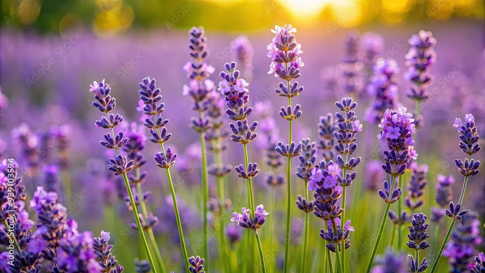 Delicate purple blooms of Lavandula angustifolia sway gently in a lush field, capturing the calming essence of the plant's soothing, fragrant essential oil. Delicate purple blooms of Lavandula angustifolia sway gently in a lush field, capturing the calming essence of the plant's soothing, fragrant essential oil.