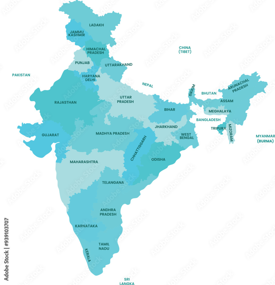 India map with states. Blue map of India with administrative division